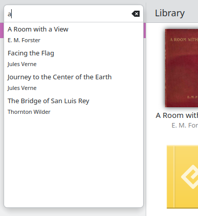 Library search popup showing a few search results