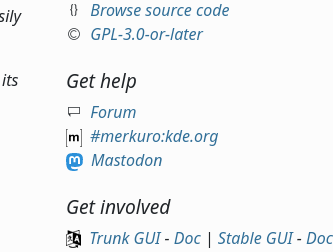Details on apps.kde.org showing the link to the mastodon account and matrix channel