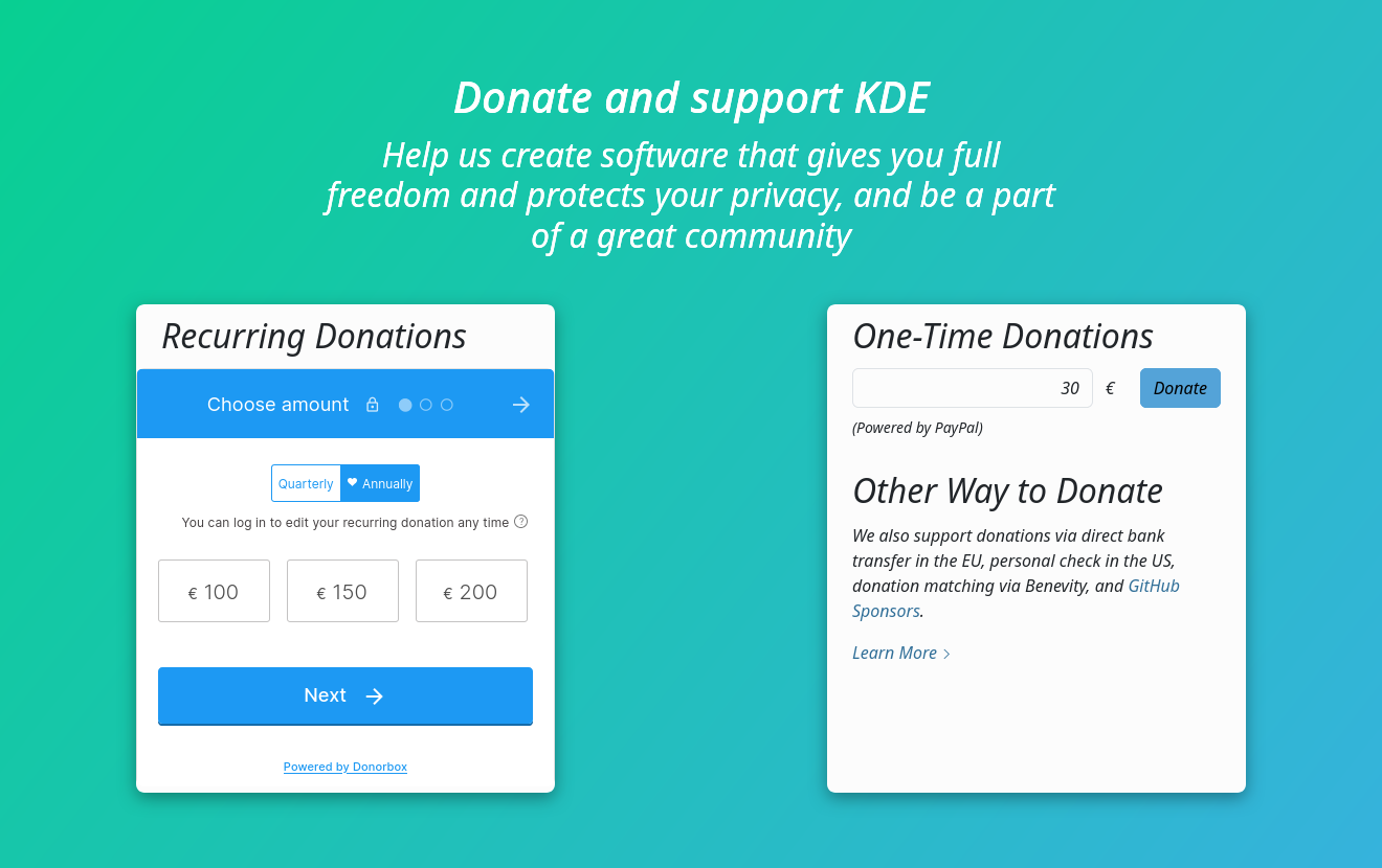Screenshot of the website KDE.org/community/donations